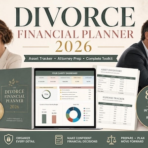 Op de afbeelding: Een digitale 2026 echtscheidings-financieel planner met een saliegroene kaft en gouden tekst, een laptopscherm met een financieel dashboard en geprinte pagina's met overzichten van activa en tabellen voor het bijhouden van uitgaven.