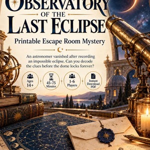 Juego de escape imprimible: Rompecabezas del observatorio de la academia oscura para adultos y adolescentes.