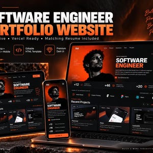 May include: A digital software engineer portfolio website template displayed on a laptop, tablet, and smartphone. The dark UI features orange accents, a portrait, and text including "Software Engineer," "Responsive," and "Vercel Ready."