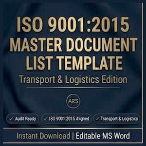 ISO 9001:2015 Mall för huvuddokumentlista | Dokumentregister, revisionskontroll, redigerbart ord