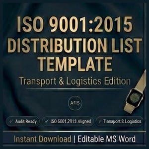 May include: A digital template document titled ISO 9001:2015 DISTRIBUTION LIST TEMPLATE Transport & Logistics Edition. The dark blue background features gold text, a small circular AFIS logo, a wristwatch, and three checkmark badges.