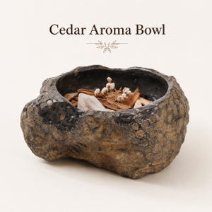 May include: A Cedar Aroma Bowl with a textured, rock-like exterior in shades of brown and black. The interior contains wood shavings, a small clear crystal, and tiny white dried flowers. The text Cedar Aroma Bowl is printed above the bowl.
