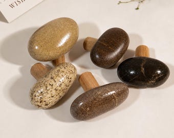 Set of Natural River Stone Wall Hooks, Handmade Wooden Pegs, Japandi Decor
