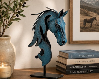 Handcrafted Metal Horse Sculpture, Bronze Wood Grain Finish, Equestrian Decor, Personalized Name Plate Option