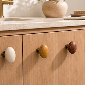 Natural River Stone Cabinet Knobs, Handmade Brass Tone Drawer Pulls, Organic Furniture Hardware
