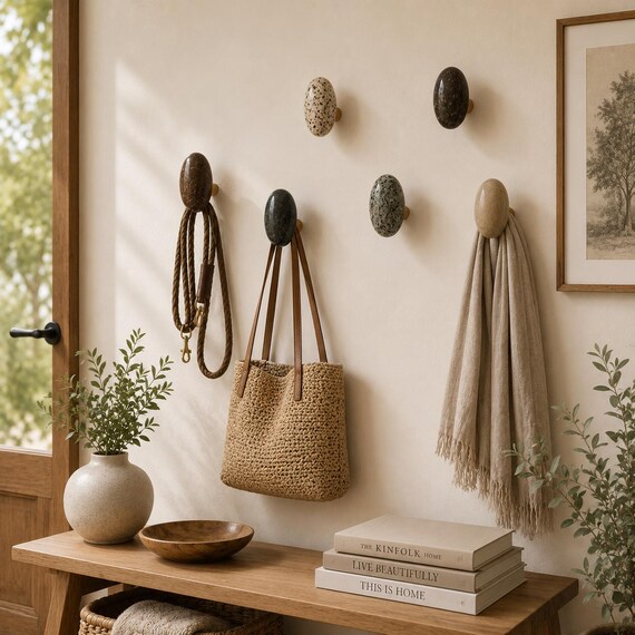 Set of Natural River Stone Wall Hooks, Handmade Wooden Pegs, Japandi Decor