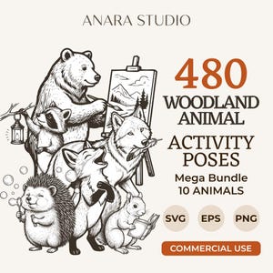May include: A digital graphic bundle titled ANARA STUDIO 480 WOODLAND ANIMAL ACTIVITY POSES Mega Bundle 10 ANIMALS SVG EPS PNG COMMERCIAL USE. The illustration features a bear painting, a raccoon with a lantern, a wolf, a fox, and a hedgehog.