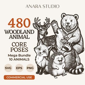 May include: A digital graphic bundle titled ANARA STUDIO 480 WOODLAND ANIMAL CORE POSES Mega Bundle 10 ANIMALS SVG EPS PNG COMMERCIAL USE. The image features black and white line art illustrations of a deer, bear, wolf, fox, raccoon, and hedgehog.