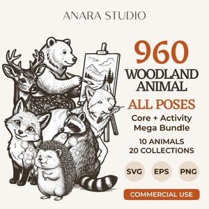 Op de afbeelding: Een digitaal grafisch pakket met zwart-witte lijntekeningen van een beer, hert, vos, wasbeer en egel. De tekst bevat ANARA STUDIO, 960 WOODLAND ANIMAL ALL POSES, Core + Activity Mega Bundle, 10 ANIMALS, 20 COLLECTIONS, SVG, EPS, PNG en COMMERCIAL USE.