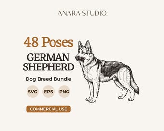 48 SVG-Bundle mit Posen für Deutsche Schäferhunde | Hunderassen-Cliparts