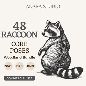 May include: A digital graphic bundle featuring a black and white illustration of a raccoon standing on its hind legs. The text reads ANARA STUDIO, 48 RACCOON CORE POSES, Woodland Bundle, SVG, EPS, PNG, and COMMERCIAL USE on a light background.
