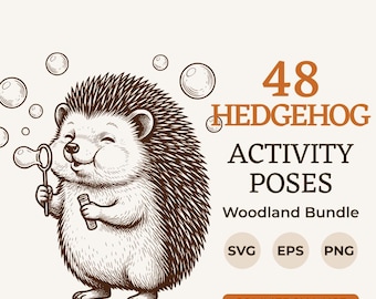 48 Woodland Hedgehog SVG Activity Poses Bundle | Animal Clipart