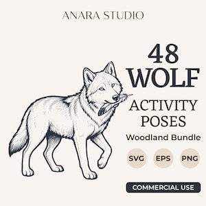 May include: A digital graphic illustration of a wolf holding a feather in its mouth. The text reads ANARA STUDIO, 48 WOLF ACTIVITY POSES, Woodland Bundle, SVG, EPS, PNG, and COMMERCIAL USE. The design is rendered in black lines on a light background.