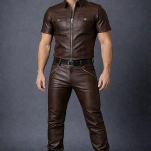 Men's Brown Leather Jumpsuit Slim Fit Short Sleeve Romper Bodysuit