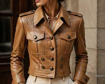 Women's Vintage Tan Leather Cropped Military Style Jacket Elegant Fashion Statement Coat.
