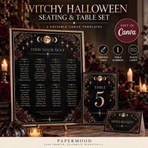May include: A black and gold Halloween seating chart, table number card, and place card set featuring moon phases, stars, and red roses. The text includes WITCHY HALLOWEEN SEATING & TABLE SET, FIND YOUR SEAT, TABLE 5, and OLIVIA BENNETT.
