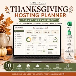 Op de afbeelding: Een digitale Thanksgiving-planner spreadsheet op een laptopscherm, met een dashboard voor budget-, gasten- en menuoverzichten. De interface bevat tien tabbladen voor het plannen, organiseren en bijhouden van de voorbereidingen voor de feestdagen.