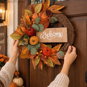 Fall Pumpkin Wreath, Thanksgiving Front Door Decor, Autumn Harvest Welcome Wreath, Maple Leaf Farmhouse Decor, Holiday Gift