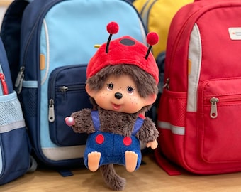 Monchhichi plush keychain, ladybug costume doll charm, cute bag pendant toy, kawaii cartoon plush keyring gift set