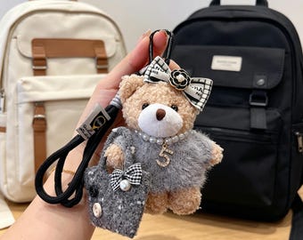 cute bear plush keychain, bow teddy charm bag pendant, cartoon handbag accessory, kawaii purse decoration gift set