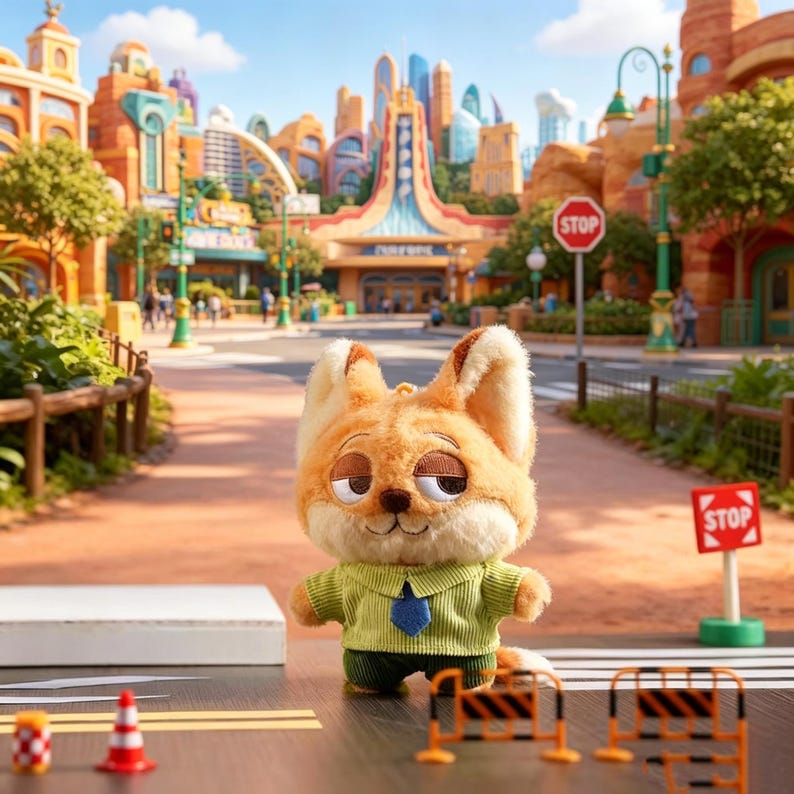 May include: A plush fox toy with large ears and half-closed eyes, wearing a light green collared shirt with a blue tie and dark green shorts. The toy stands on a dark surface with miniature orange construction barriers and a small traffic cone.