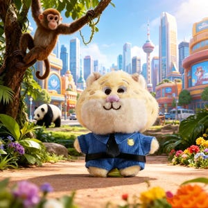 May include: A plush toy resembling a cheetah with a round face, wearing a blue corduroy uniform with a black tie and a gold badge. The toy is positioned on a dirt path in a park setting with a monkey in a tree, a panda, and a city skyline background.