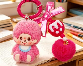 flocked sitting monkey keychain, M bead bag charm, cute toy pendant, kawaii accessory, collectible keyring gift