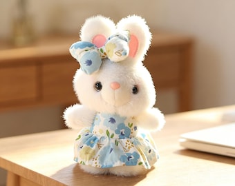 cute bunny plush keychain, floral dress rabbit doll charm, kawaii bag pendant toy, cartoon plush rabbit accessory set