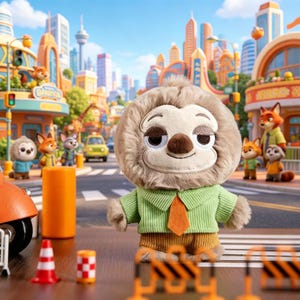 May include: A plush sloth toy with a light brown fuzzy face and body, wearing a light green collared shirt with a small orange tie and brown corduroy pants. The sloth has a soft, rounded face with dark eyes and a brown nose, standing in a city scene.