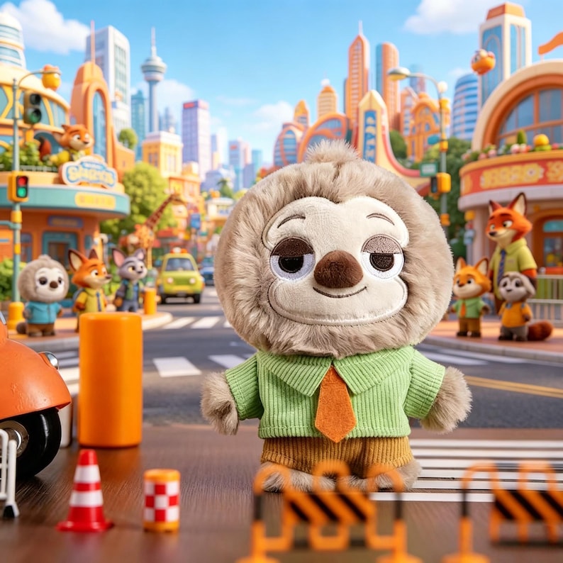 May include: A plush sloth toy with a light brown fuzzy face and body, wearing a light green collared shirt with a small orange tie and brown corduroy pants. The sloth has a soft, rounded face with dark eyes and a brown nose, standing in a city scene.