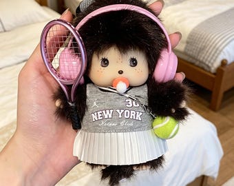 Monchhichi plush keychain, cute doll charm luxury bag pendant, kawaii plush toy accessory, gift for her purse decor