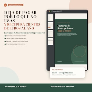 Könnte beinhalten: Eine digitale Dokumentenvorschau für ein Finanzverwaltungssystem mit dem Titel Facturas & Suscripciones Bajo Control. Das Layout umfasst dunkelgrüne und beigefarbene Töne, Aufzählungszeichen und eine Seitenleiste mit Miniaturansichten.