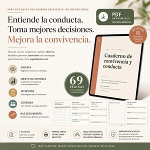 Puede incluir: Publicidad de producto digital para un cuaderno de 69 páginas imprimibles sobre convivencia y conducta docente. La imagen muestra una tableta con la portada, cinco páginas interiores de muestra y texto en español detallando las funciones de registro.