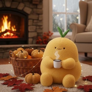 May include: A plush yellow pear-shaped character with two green leaves on top, holding a small white mug with steam rising. Beside it sits a brown woven basket filled with several small fabric pumpkins, surrounded by scattered autumn leaves.