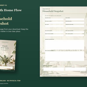 Cream Household Snapshot worksheet with blank spaces for home details, contacts, pets and important information, beside the floral Smooth Home Flow cover on a deep green background. Digital download preview.