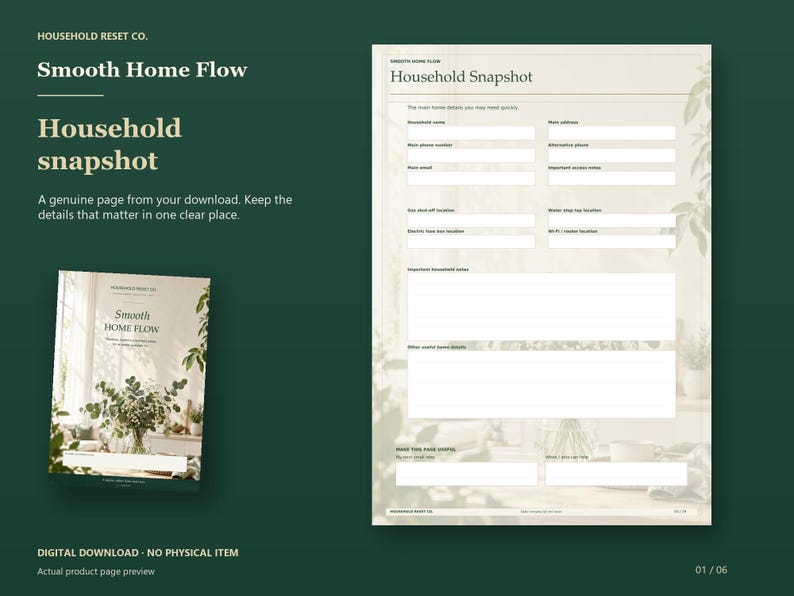 Cream Household Snapshot worksheet with blank spaces for home details, contacts, pets and important information, beside the floral Smooth Home Flow cover on a deep green background. Digital download preview.
