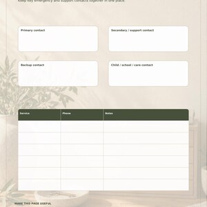 Op de afbeelding: Een beige printbaar noodcontactformulier getiteld Peace of Mind Home File. Het bevat secties voor primaire, secundaire, back-up en kinderopvangcontacten, een tabel voor servicetelefoonnummers en een sectie voor kleine stappen en hulpbronnen.