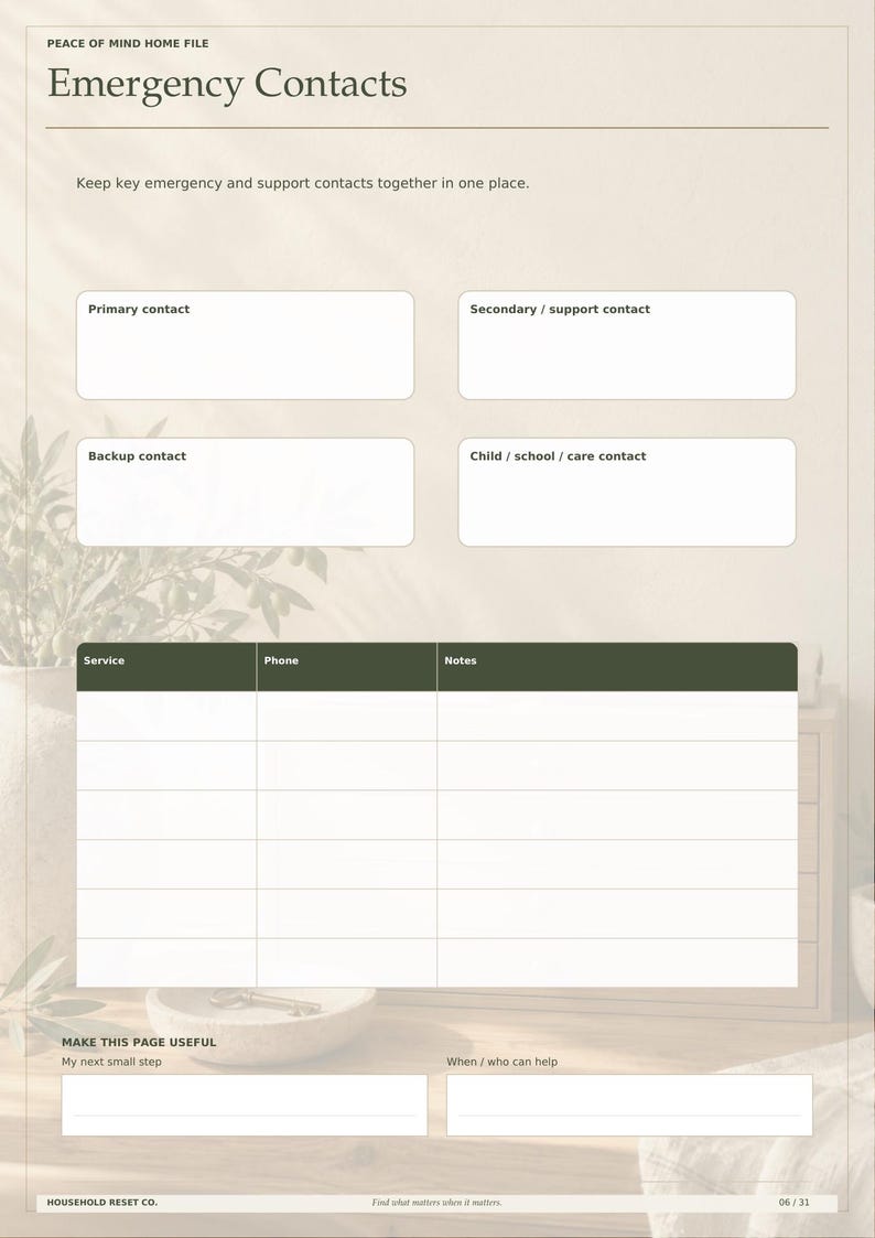 Op de afbeelding: Een beige printbaar noodcontactformulier getiteld Peace of Mind Home File. Het bevat secties voor primaire, secundaire, back-up en kinderopvangcontacten, een tabel voor servicetelefoonnummers en een sectie voor kleine stappen en hulpbronnen.