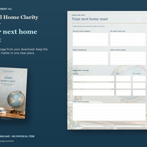 Actual guide page preview showing spaces for a home reset and three next steps. Shown beside the original cover on a coordinated dark background.