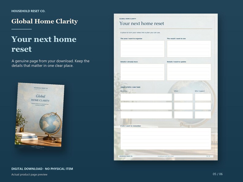 Actual guide page preview showing spaces for a home reset and three next steps. Shown beside the original cover on a coordinated dark background.