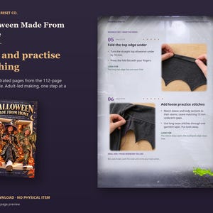Actual guide page preview showing close-up illustrations of folding a fabric edge and adding loose practice stitches. Shown beside the original cover on a coordinated dark background.