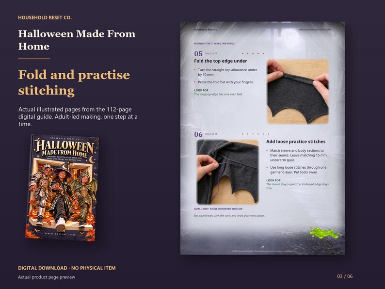 Actual guide page preview showing close-up illustrations of folding a fabric edge and adding loose practice stitches. Shown beside the original cover on a coordinated dark background.