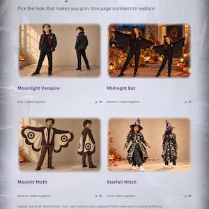 May include: A digital catalogue page titled The Halloween Dressing-Up Adventure featuring four costume themes: Moonlight Vampire, Midnight Bat, Moonlit Moth, and Starfall Witch. Each section displays children in themed outfits with page numbers for instructions.