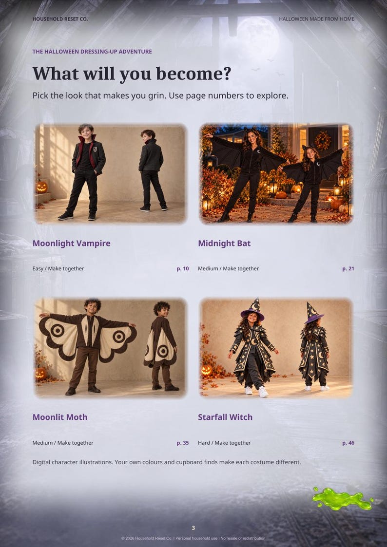 May include: A digital catalogue page titled The Halloween Dressing-Up Adventure featuring four costume themes: Moonlight Vampire, Midnight Bat, Moonlit Moth, and Starfall Witch. Each section displays children in themed outfits with page numbers for instructions.