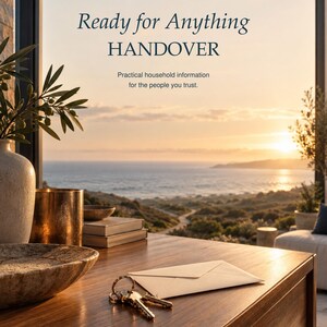 May include: A digital document titled HOUSEHOLD RESET CO. Ready for Anything HANDOVER, featuring a wooden desk with a set of metal keys, a white envelope, a ceramic bowl, a metallic cup, and books, set against a coastal sunset background.