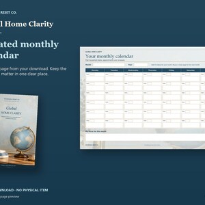 Actual guide page preview showing an undated monthly calendar grid. Shown beside the original cover on a coordinated dark background.