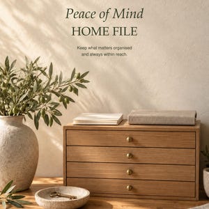 Op de afbeelding: Een houten opbergkast met vier lades en messing knoppen, voorzien van de tekst HOUSEHOLD RESET CO. CALMER HOMES. BRIGHTER LIVES. Peace of Mind HOME FILE. Keep what matters organised and always within reach. A happier, calmer home starts here. A4 / PRINTABLE PDF.