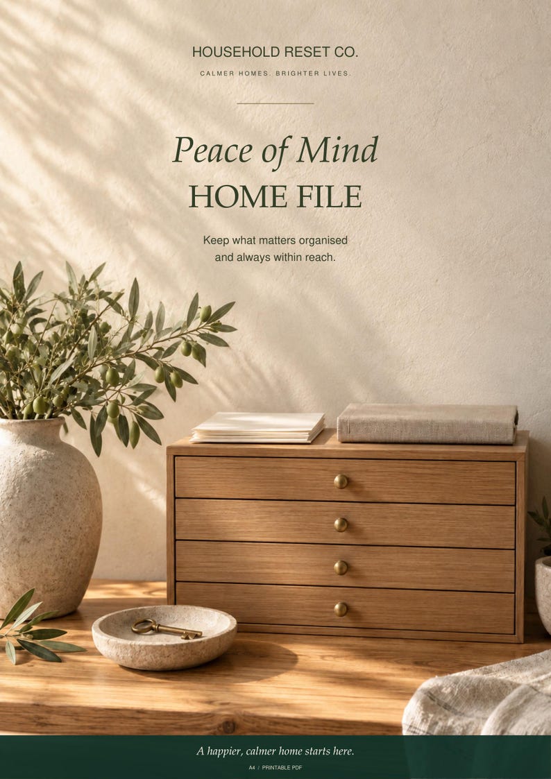Op de afbeelding: Een houten opbergkast met vier lades en messing knoppen, voorzien van de tekst HOUSEHOLD RESET CO. CALMER HOMES. BRIGHTER LIVES. Peace of Mind HOME FILE. Keep what matters organised and always within reach. A happier, calmer home starts here. A4 / PRINTABLE PDF.