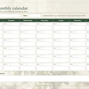 May include: A monthly calendar planner page with a dark green header row listing days of the week from Monday to Sunday. The document includes fields for month, year, and a section for My focus for this month, with a grid for daily entries.