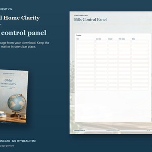 Actual guide page preview showing a household bills table. Shown beside the original cover on a coordinated dark background.